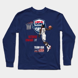 2024 Olympics Paris USA National Basketball Team Anthony Edwards 5 Cartoon Long Sleeve T-Shirt